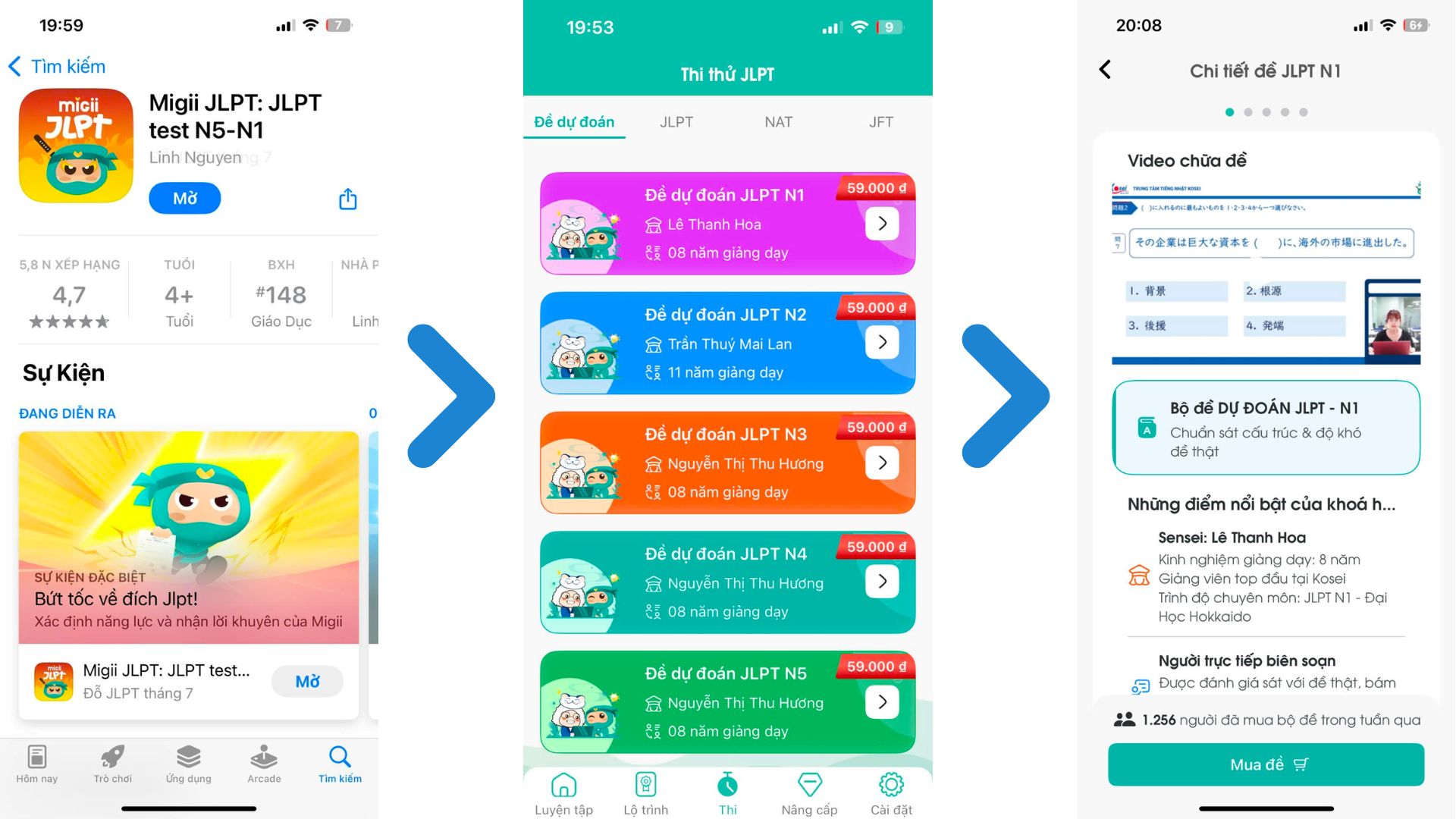 Cách bước tải app và chọn mua bộ đề dự đoán JLPT Migii x Kosei
