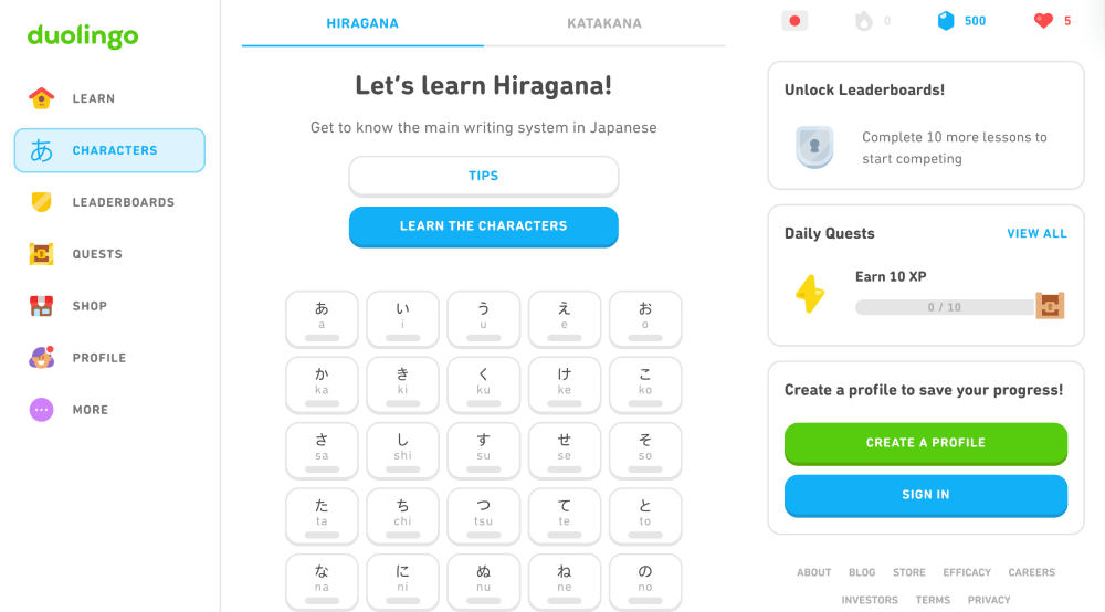 Giao diện học bảng chữ cái tiếng Nhật trên app Duolingo
