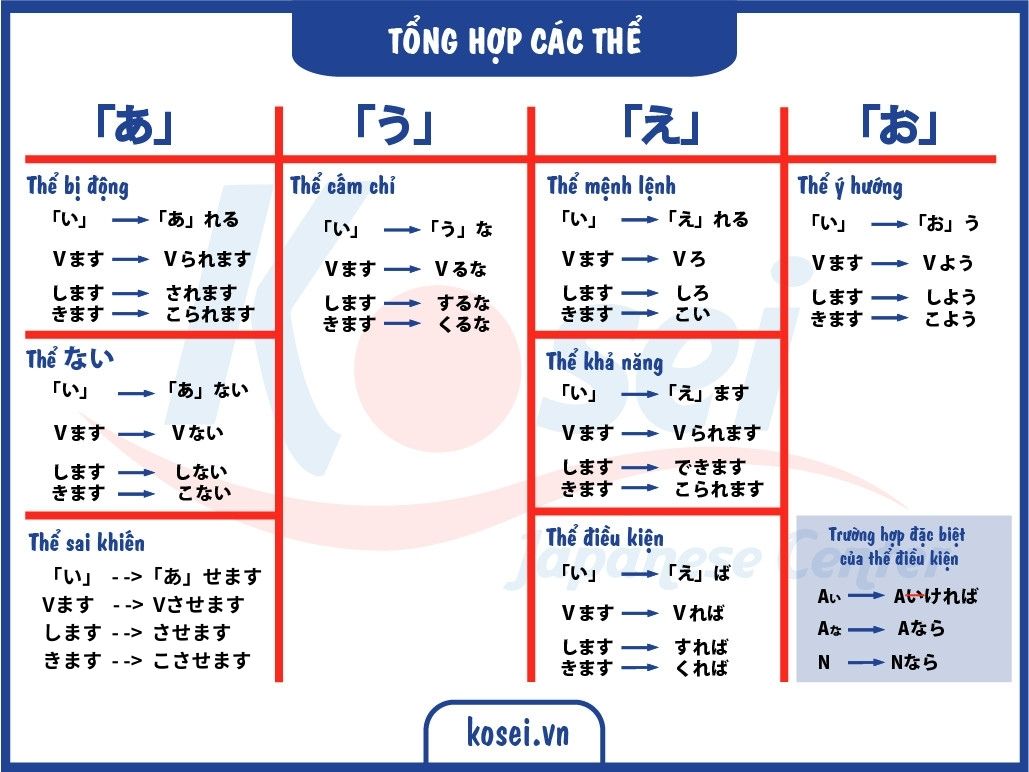 các thể tiếng Nhật, thể chi tiết tiếng nhật, thể ます, thể る, thể て, thể た, bảng chia động từ tiếng nhật, bảng chia thể tiếng nhật n5, chia động từ tiếng nhật