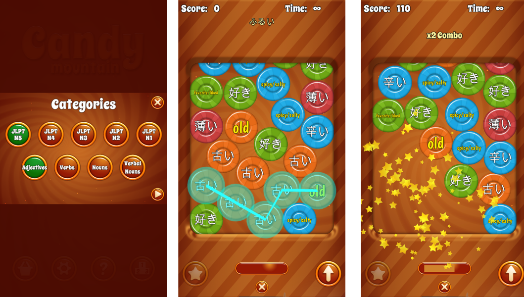 Học tiếng Nhật qua game Candy Mountain theo từng cấp độ N5-N1 

