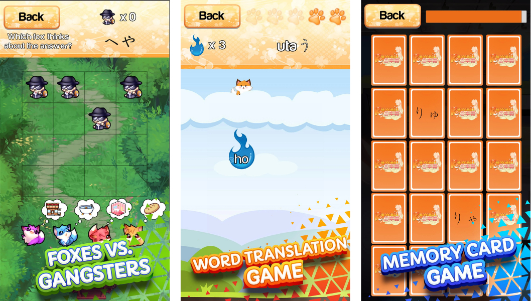 "Kana-Memory", "Nihongo Dash" và "Foxes vs. Gangsters" giúp ghi nhớ, nhận biết Hiragana, Katakana

