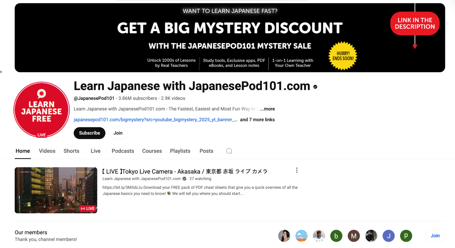 Kênh JapanesePod101 với chủ đề bài học đa dạng từ ngữ pháp, từ vựng đến giao tiếp
