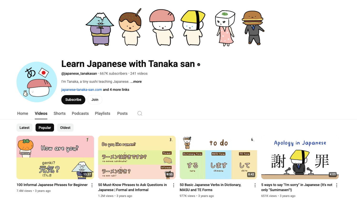 Learn Japanese with Tanaka San cung cấp các video ngắn với những hình minh hoạ vô cùng đáng yêu