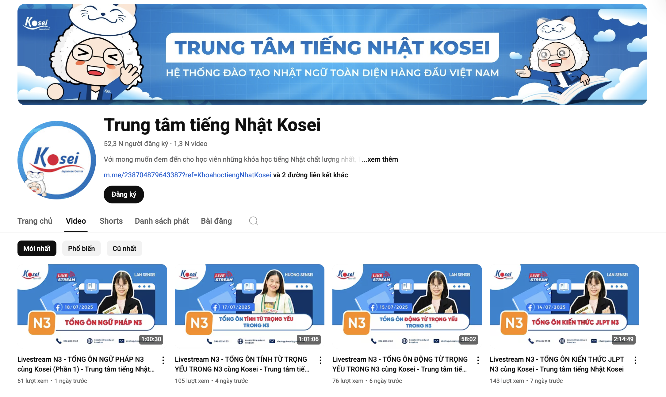 Trang Youtube tiếng Nhật Kosei với các bài giảng Kaiwa trình độ N5-N1