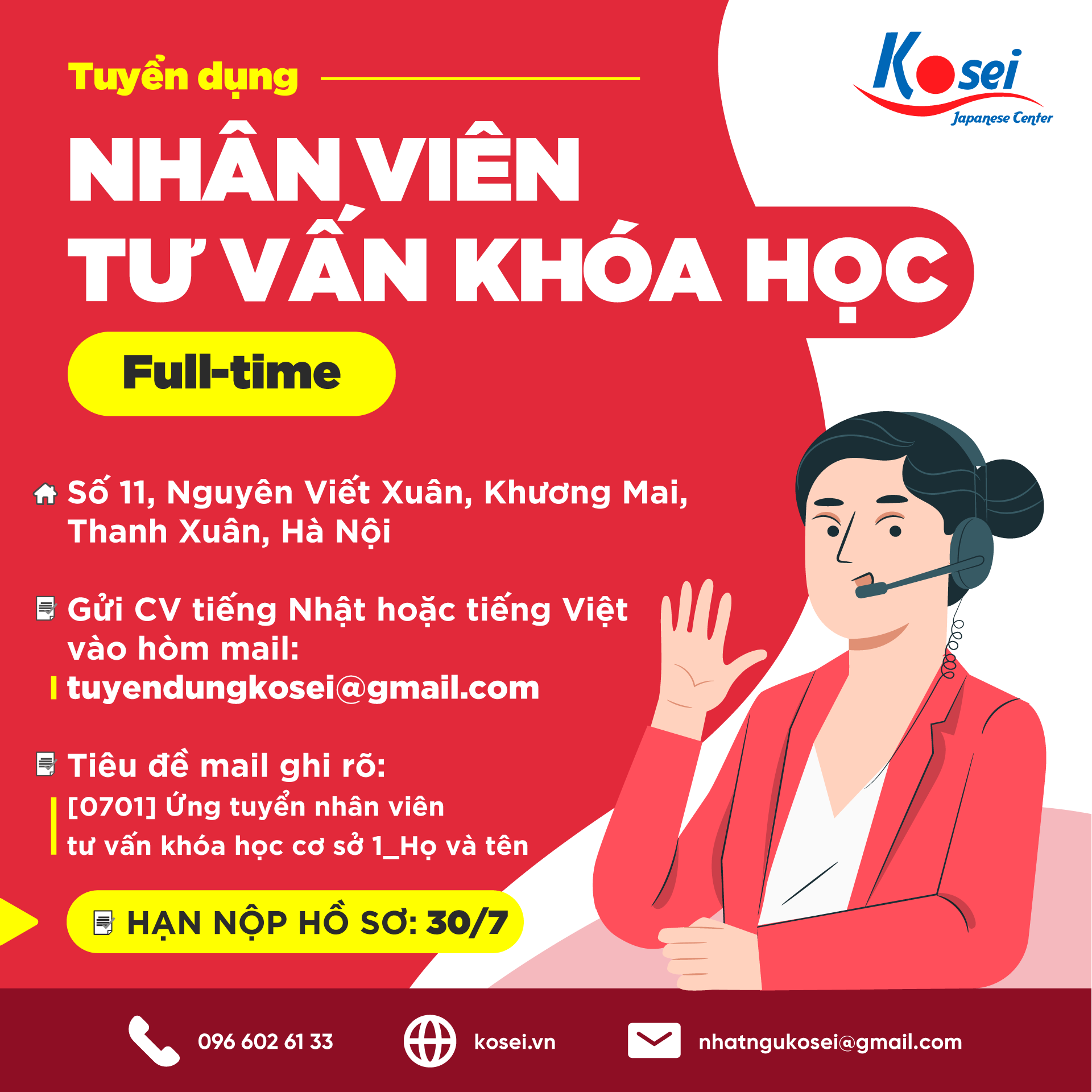 TRUNG TÂM TIẾNG NHẬT KOSEI TUYỂN DỤNG NHÂN VIÊN TƯ VẤN KHÓA HỌC Fulltime